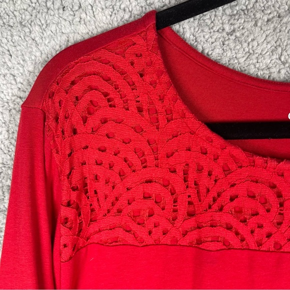 Croft & Barrow Blouse 3X Red Rolled Sleeves Crew Neck Lace - Picture 6 of 7